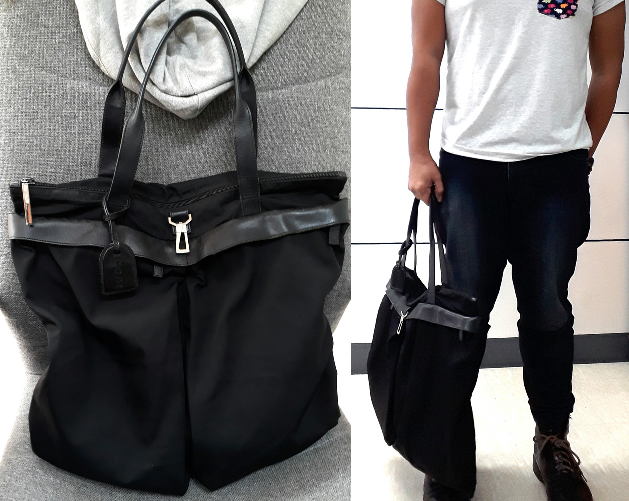 Gucci in black canvas and leather tote with silver hardware, Doc Martens 8-hole boots